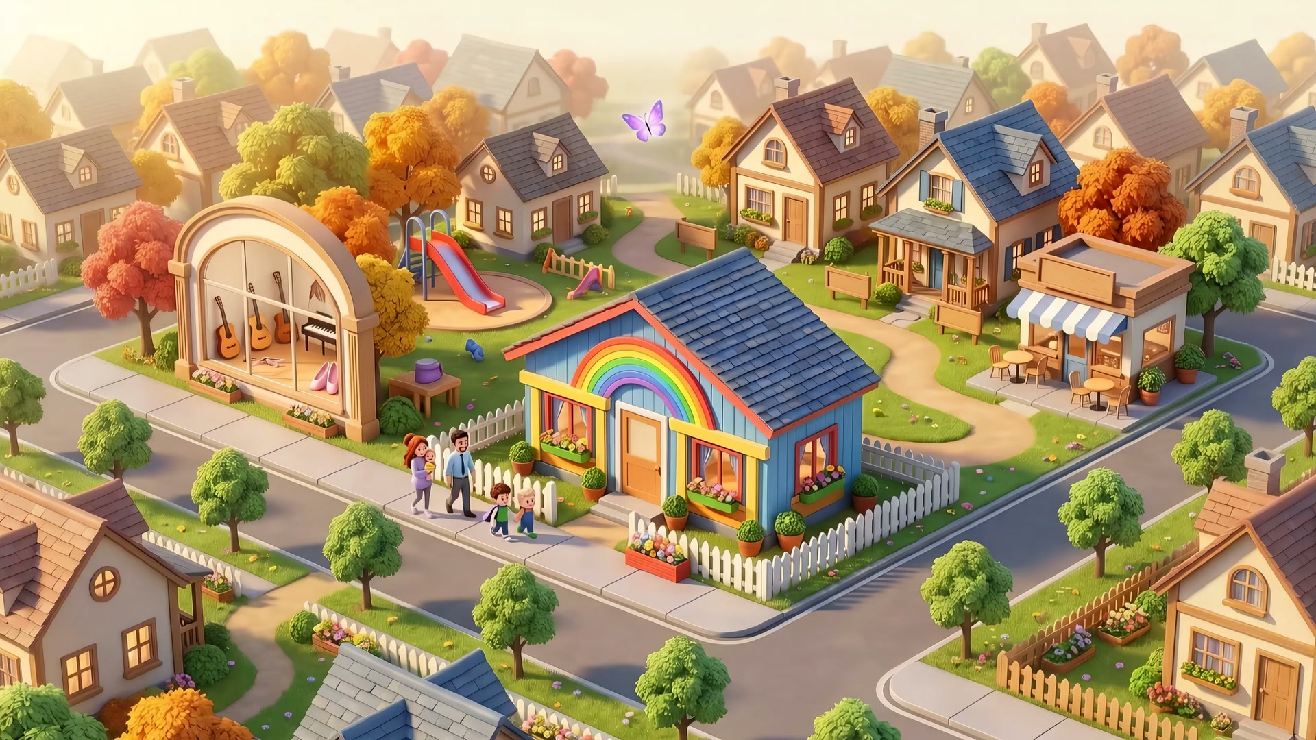 A neighborhood of family businesses seen from above: a rainbow preschool, a music studio, a playground, a cafe and family homes