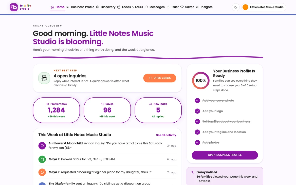 The Studio home screen for a music studio: four open inquiries, 1,284 profile views, 96 saves, this week's family activity and a finished business profile.